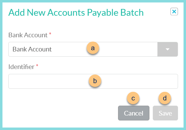 Screenshot of adding a new Accounts Payable batch as described on this page.