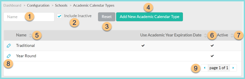 Screenshot of Academic Calendar Type Configuration screen as described on this page.