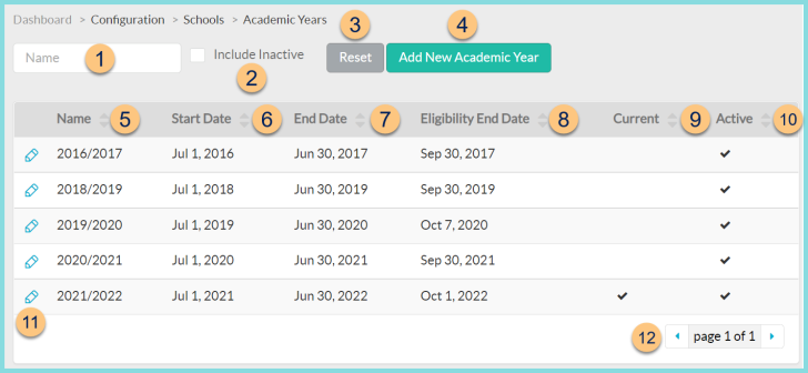 Screenshot of the Academic Years screen as described on this page.