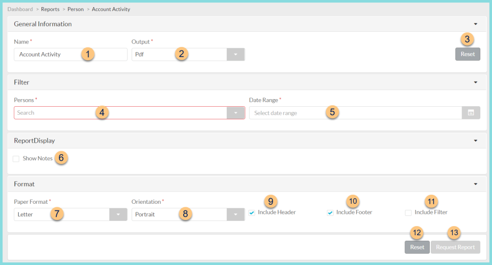 Screenshot of the Account Activity Report screen as described on this page.