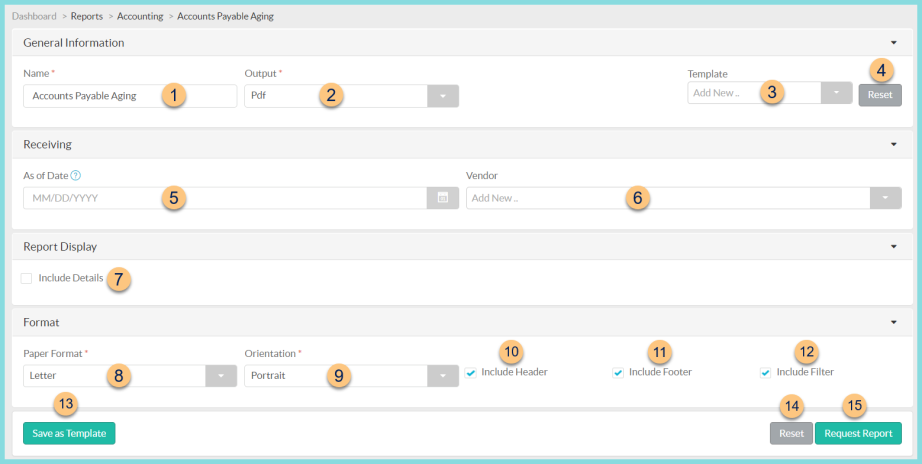 Screenshot of Accounts Payable Aging Report configuration as described on this page.