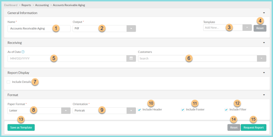 Screenshot of the Accounts Receivable Aging Report setup as described on this page.