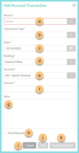 Screenshot of the Add Account Transaction modal as described on this page.