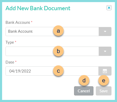 A screenshot of the add new bank document modal as described on this page.