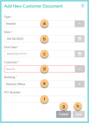 Screenshot of the Add New Customer Document modal as described on this page.