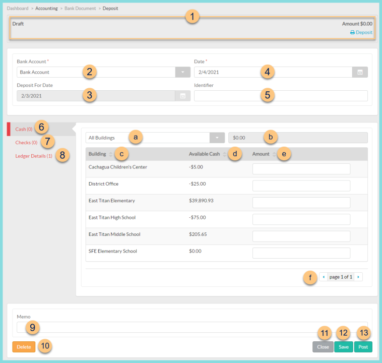 Screenshot of add new bank deposit screen as described on this page.