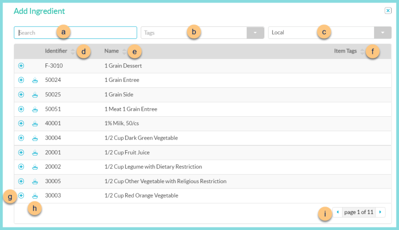 A screenshot of ingredient selection as described on this page.