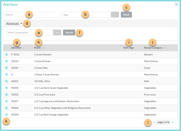 A screenshot of the item search modal as described on this page.
