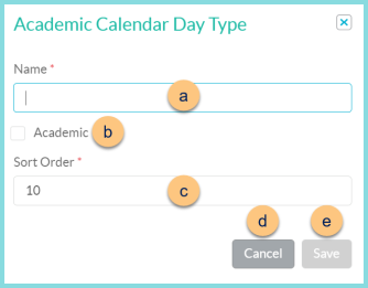 Screenshot of the Add New Academic Calendar Day Type modal as describd on this page.