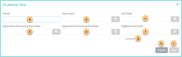 Screenshot of the Add New Academic Year modal as described on this page.