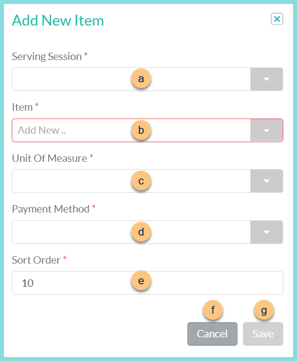 Screenshot of adding a new served item to an administrative sale layout as described on this screen.