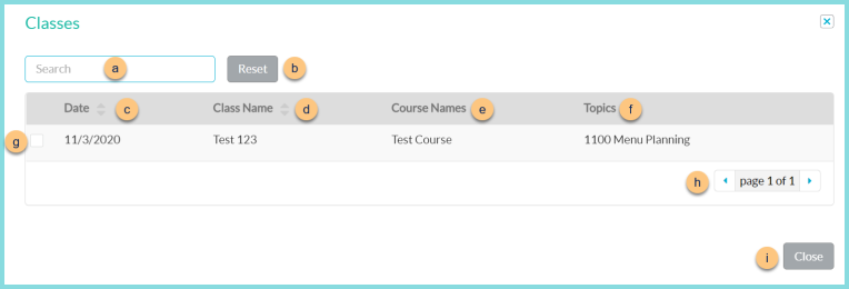 A screenshot of the classes modal as described on this page.