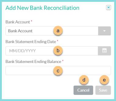 Screenshot of the Add New Bank Reconciliation modal as described on this page.
