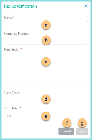 Screenshot of the Add New Bid Specification modal as described on this page.