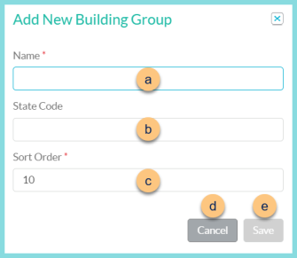 A screenshot of the Add New Building Group modal as described on this page.
