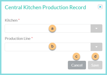 Screenshot of the Add New Central Kitchen Production Record modal as described on this page.