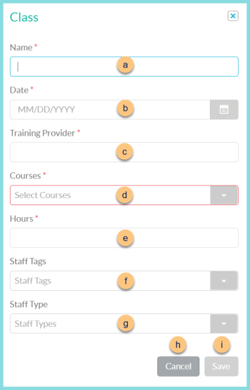 Screenshot of the Add New Class modal as described on this page.