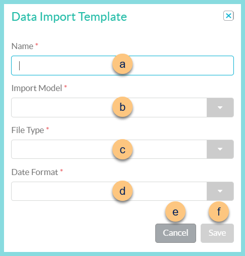 A screenshot of the modal for adding a new data import template as described on this page.