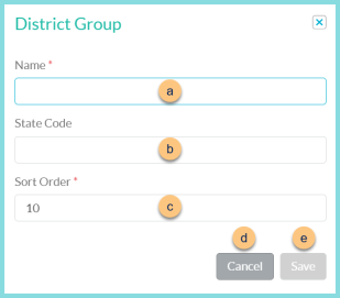Screenshot of the Add New District Group modal as described on this page.