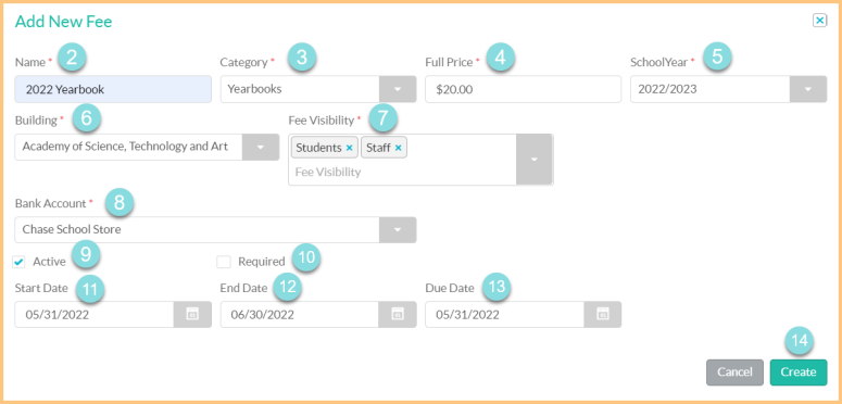 Screenshot of the Add a New Fee modal as described on this page.