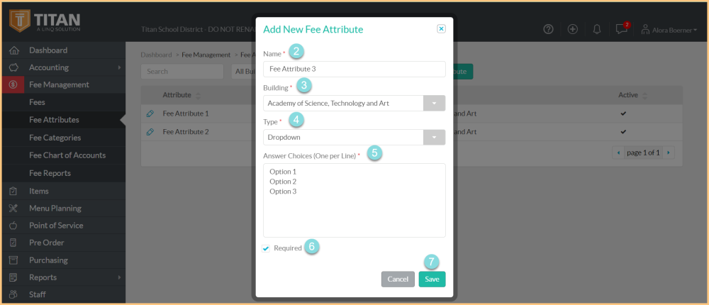 A screenshot of the add new fee attribute modal as described on this page.
