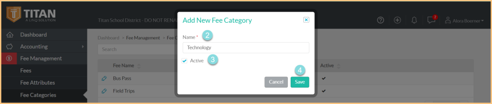 A screenshot of the add new fee category modal as described on this page.