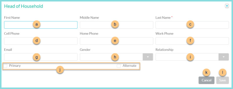 Screenshot of the Add New Head of Household modal as described on this page.