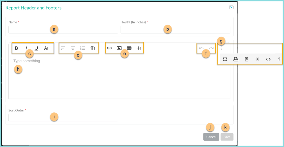 A screenshot of the Report Header and Footer modal as described on this page.