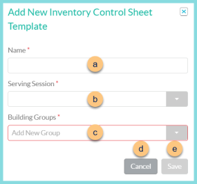 Screenshot of the Add New Inventory Control Sheet Template modal as described on this page.