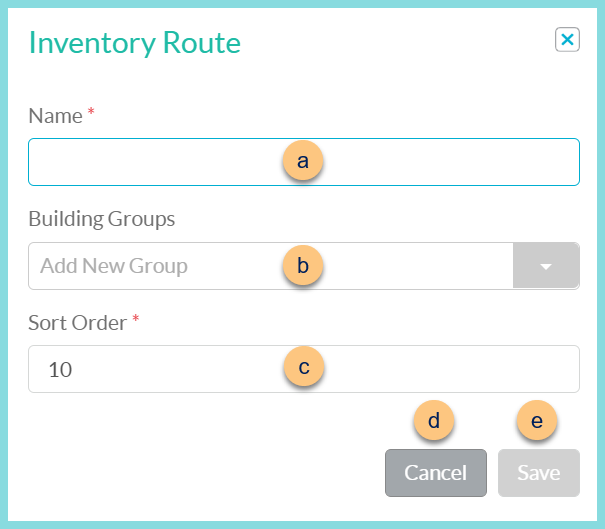 A screenshot of the add new inventory route modal as described on this page.