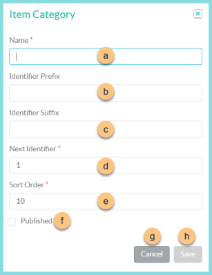 Screenshot of the Add New Item Category modal as described on this page.