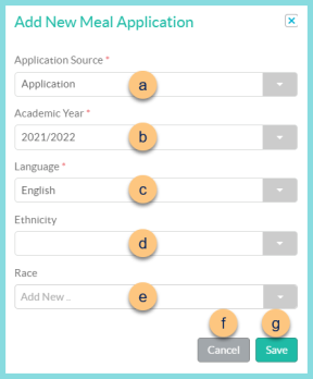 Screenshot of the Add New Meal Application modal as described on this page.