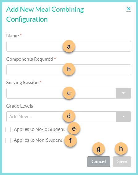 A screenshot of the add New Meal Combining Configuration modal as described on this page.