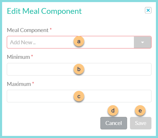 A screenshot of the edit meal component modal as described on this screen.