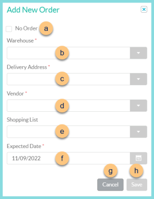 A screenshot of the add new order modal as described on this page.
