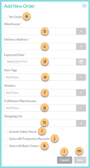 A screenshot of the add new order modal as described on this page.