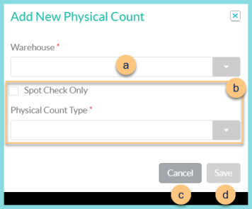 A screenshot of the add new physical count modal as described on this page.