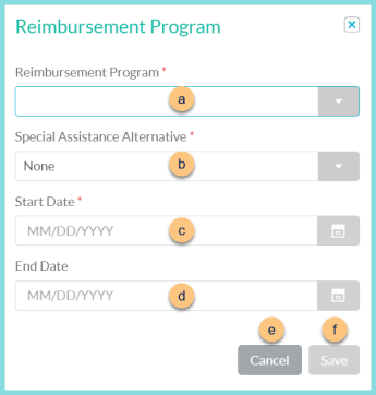 A screenshot of the add new reimbursement program modal as described on this page.