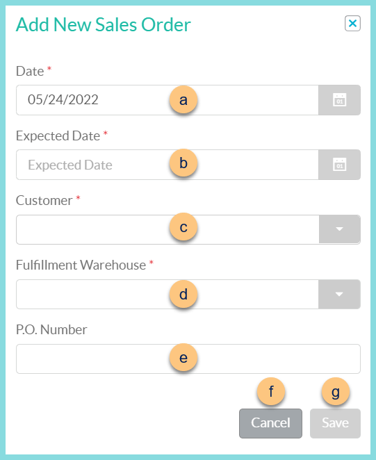 A screenshot of the add new sales order modal as described on this page.