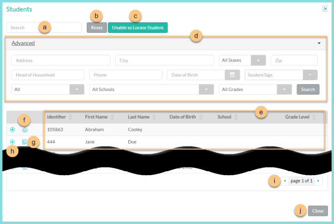 Screenshot of the Student Search feature as described on this page.