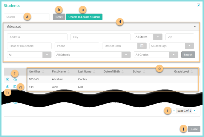 Screenshot of the Student Search feature as described on this page.