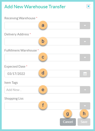 Screenshot of the Add New Warehouse Transfer modal as described on this page.