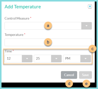 A screenshot of the add temperature modal as described on this page.