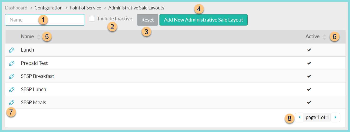 Screenshot of the Administrative Sale Layout screen as described on this page.