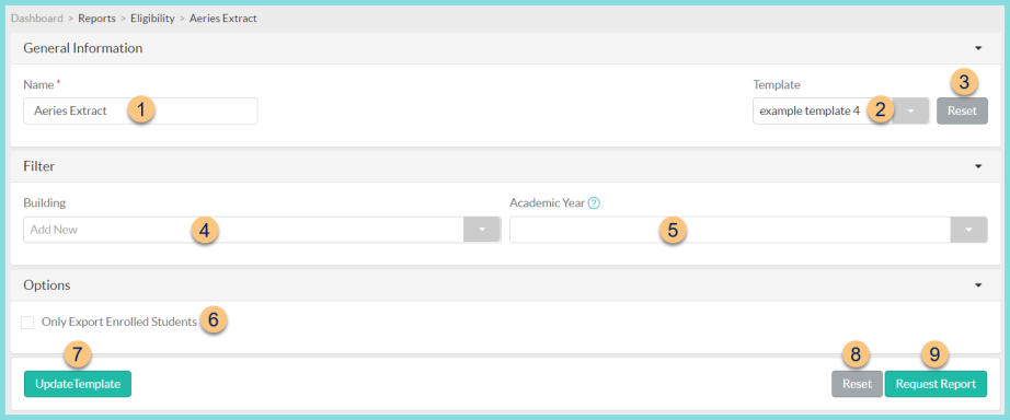 Screenshot of the Aeries Extract report options as described on this page.