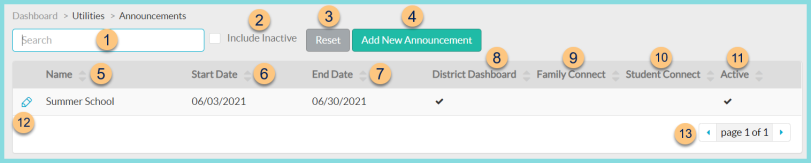 Screenshot of announcement utility as described on this page.