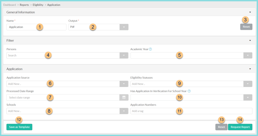 Screenshot of the General Information, Filter, and Application sections of the Application Report as described on this page.
