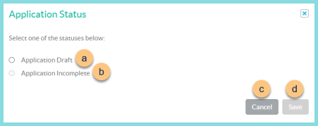 Screenshot of the Application Status modal as described on this page.