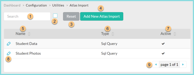 Screenshot of the Atlas Imports screen as described on this page.