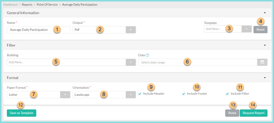 A screenshot of the Average Daily Participation Report configuration screen as described on this page.